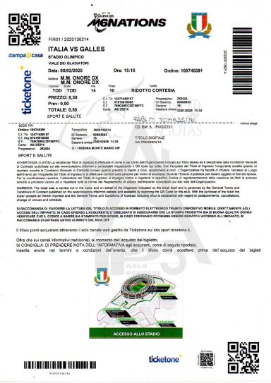 Documento - Italia - Anno 2025 - 8 Febbraio 2025 - Ingresso - Partita Italia-Galles
